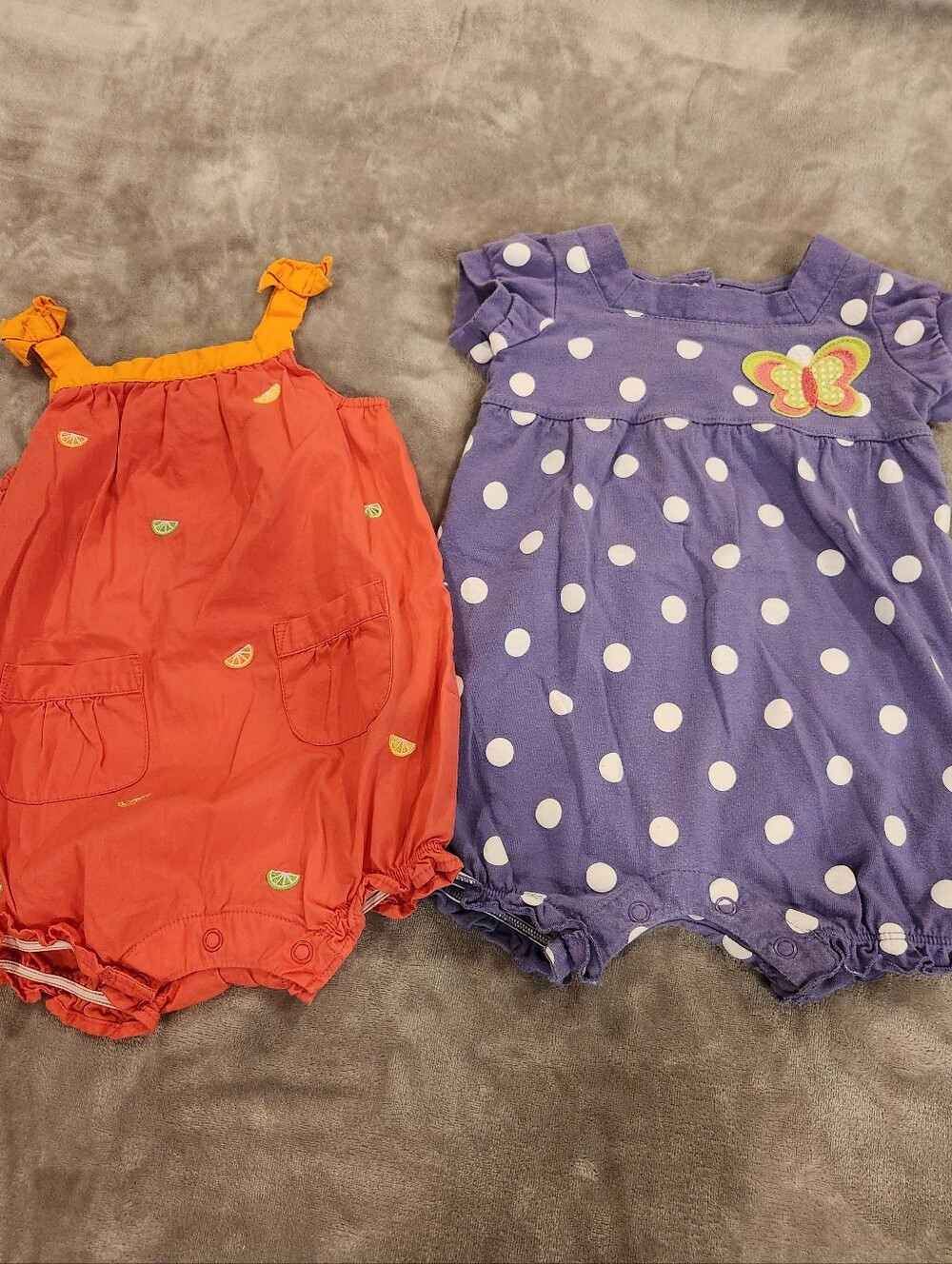 2 Carter'Baby Rompers - Orange Fruit Print & Purple Polka Dot Bundle, Size 9-12M